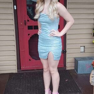 silvery blue semi formal dress with cross back